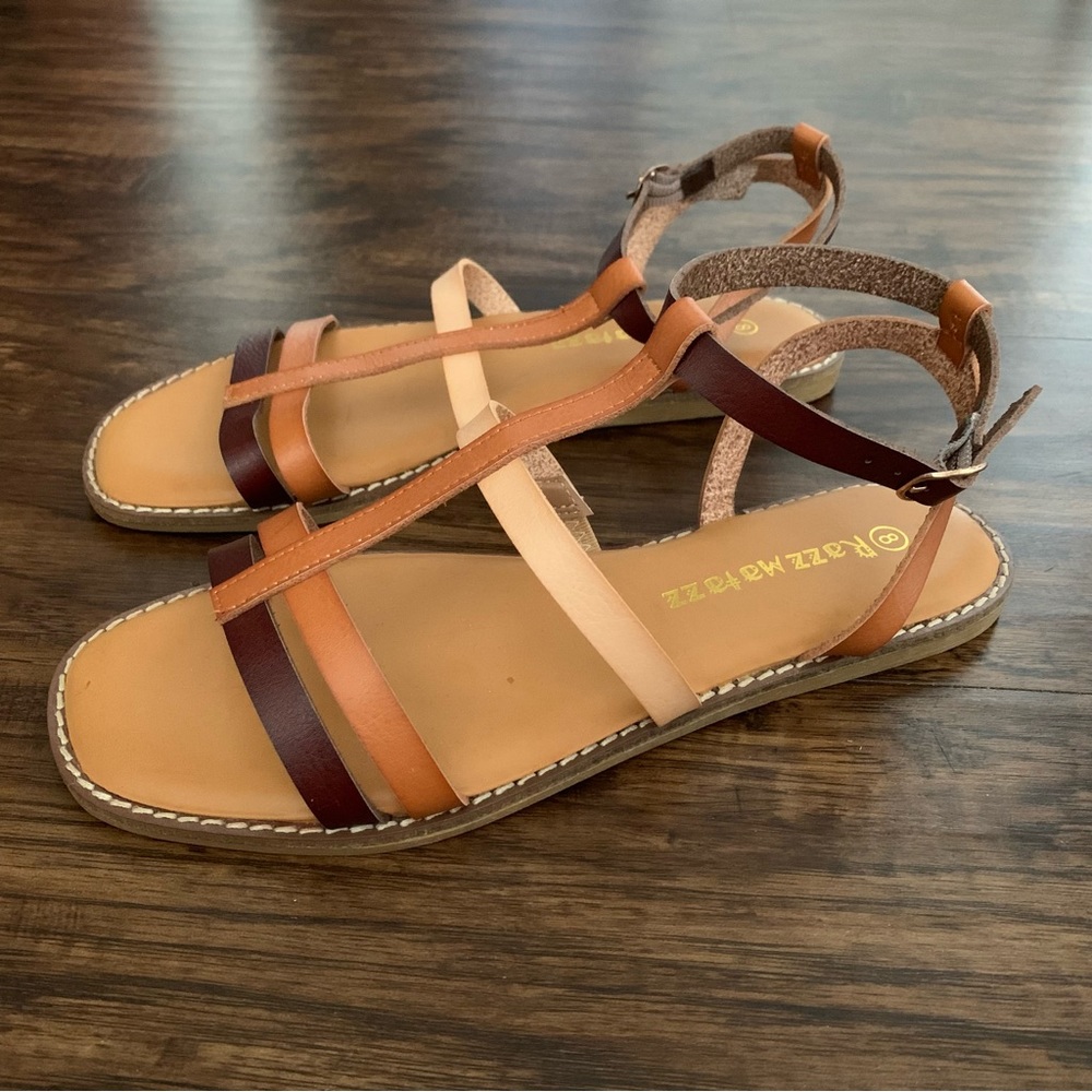 RAZZMATAZZ Vegan Leather Strappy Tan Brown Sandals